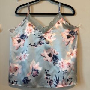 Floral Satin Cami Top with Lace Trim